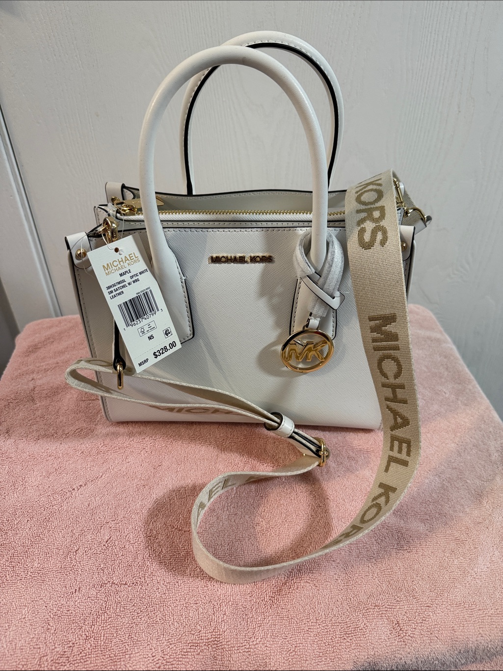 Michael Kors White Saffiano Leather Satchel With Gold Hardware And Logo Strap